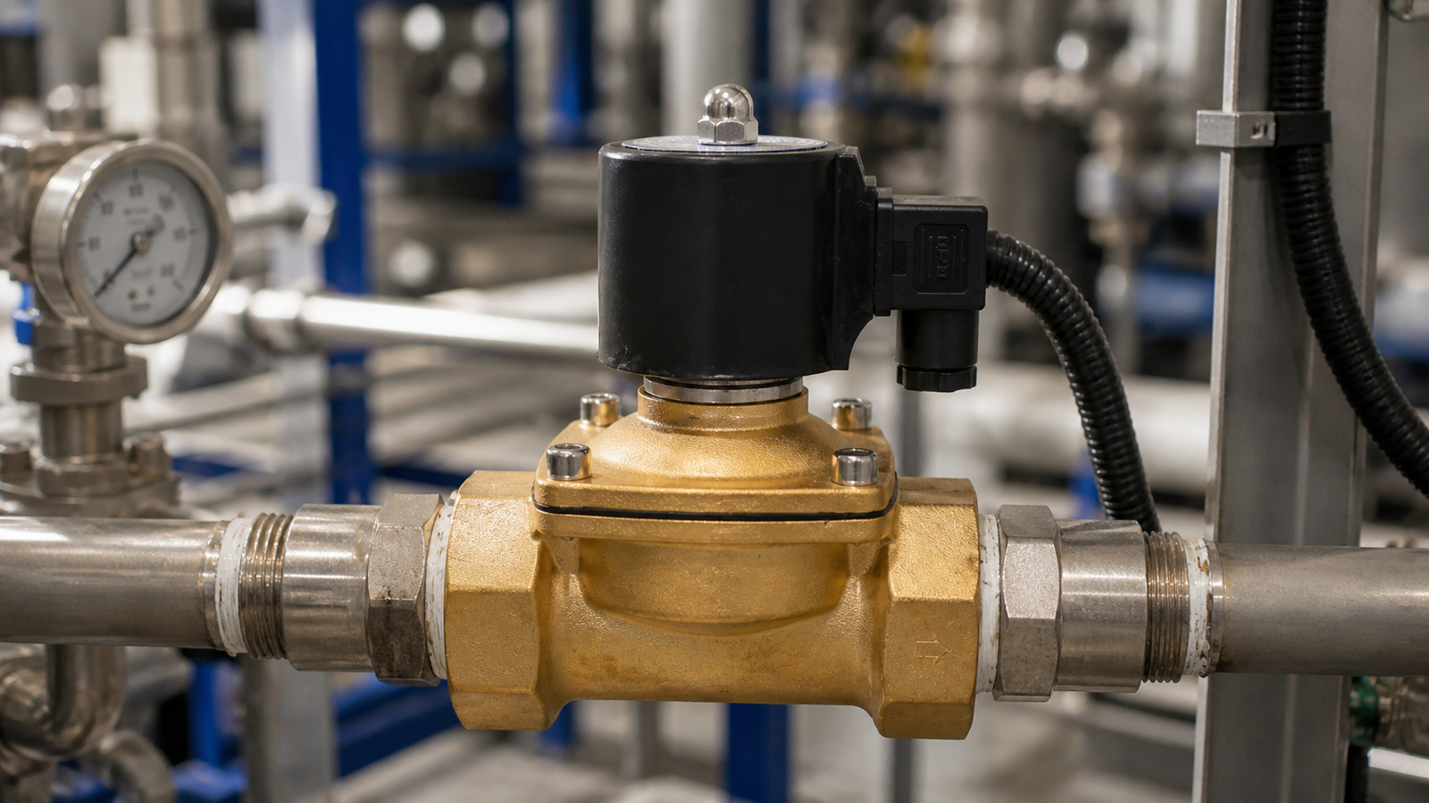 Process line with automated solenoid valve control in an industrial plant