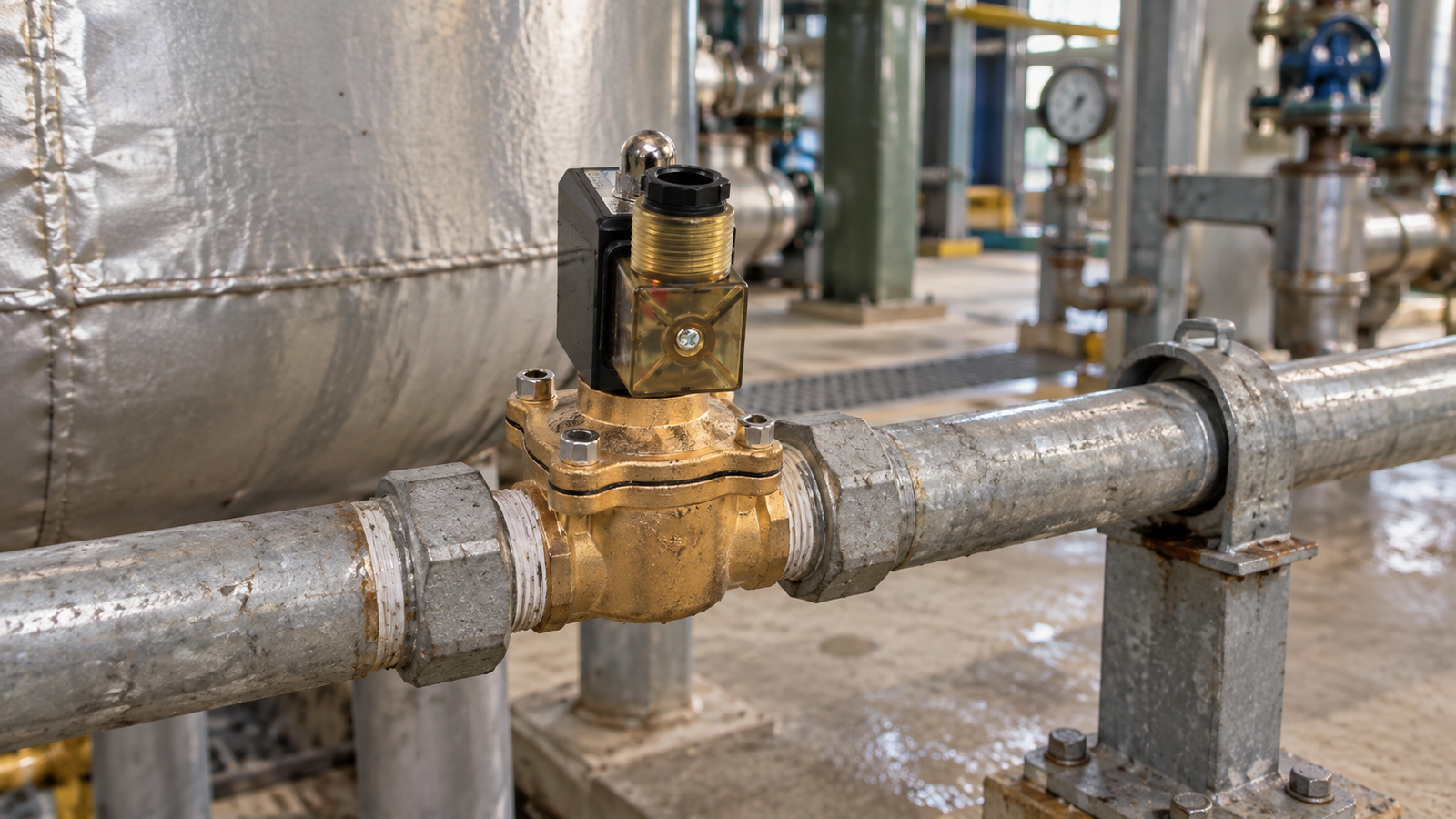 Clean industrial fluid skid with an installed solenoid valve