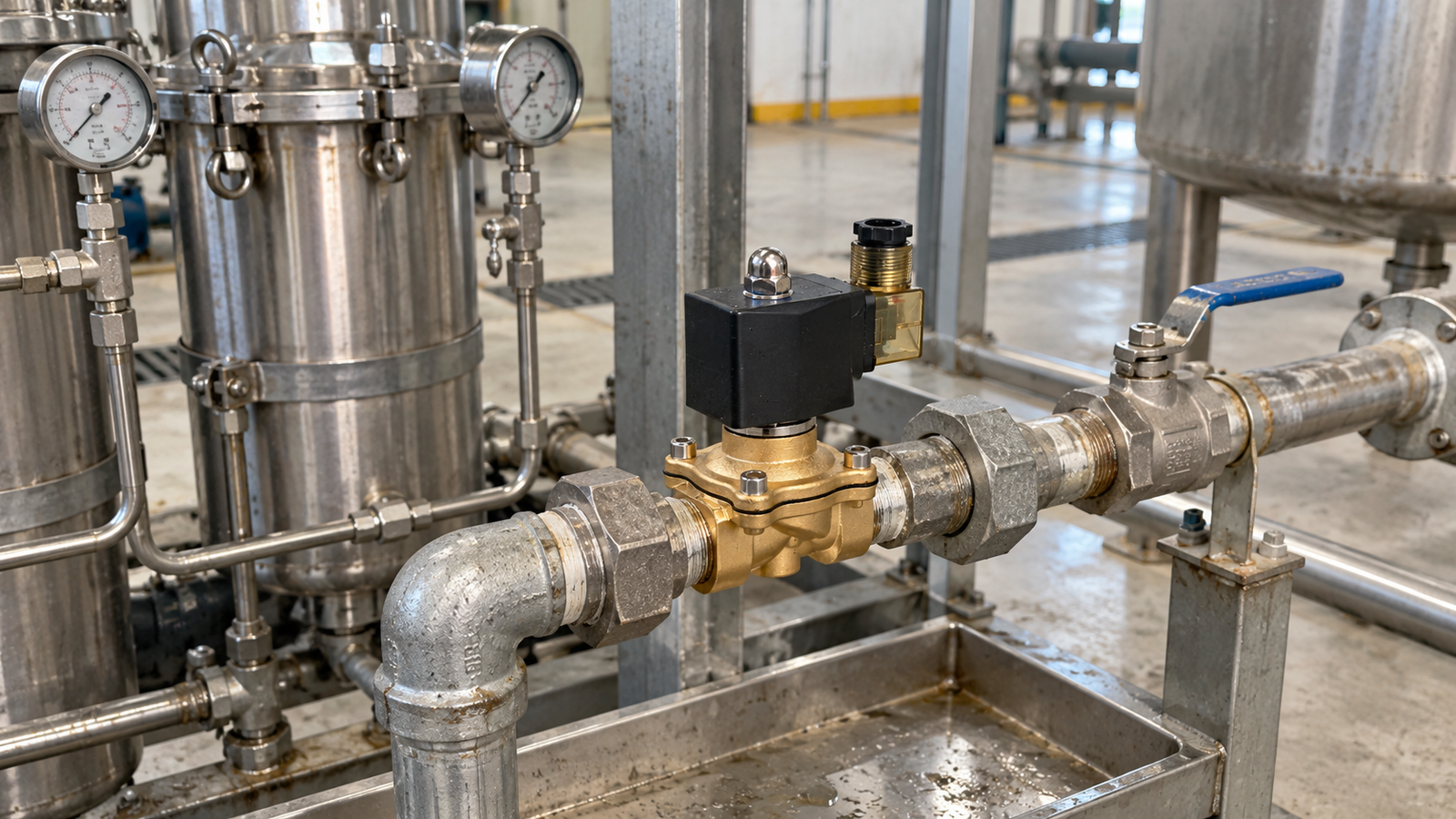 Brass solenoid valve installed on an industrial process skid with pressure gauges