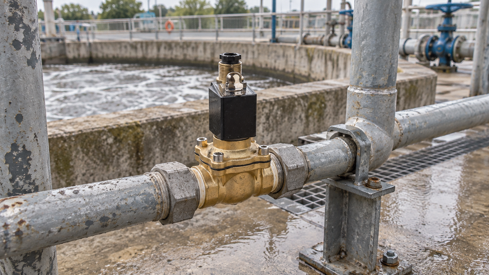 Brass solenoid valve installed on a water treatment utility line